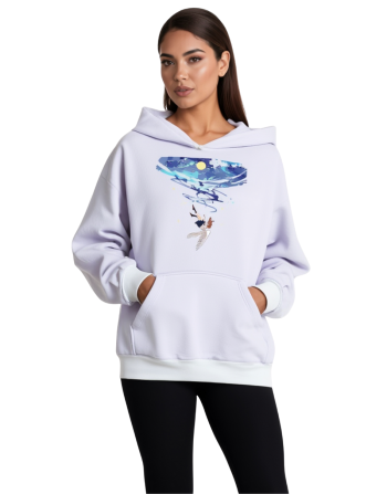 Gökyüzünden Süzülen Kelebek – Kadın Beyaz Kapüşonlu 3 İplik Şardonlu Sweatshirt