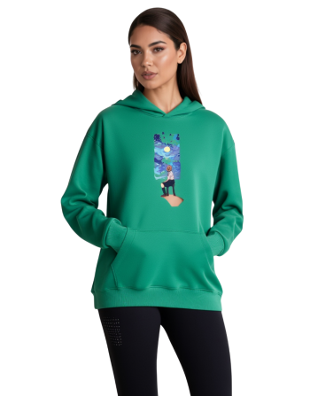 Sessiz Düşünceler – Ay ve Gölge Tasarımlı Yeşil Kapşonlu | Modrenza